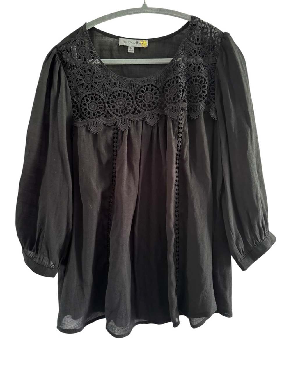 Figueroa & Flower Black Crochet Lace Boho Blouse Medium 3/4 Sleeve Peasant Top - Picture 2 of 13